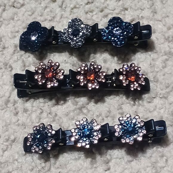 Source Unknown Accessories - Rhinestone Floral Black Hair Clips, Set of 3